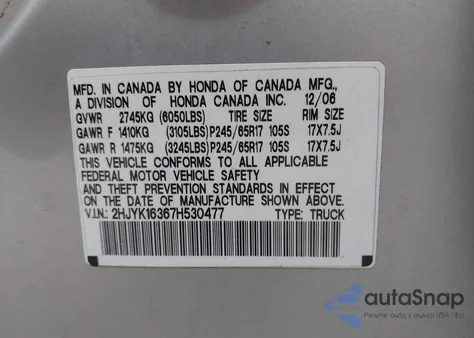 2007 Honda Ridgeline Rtx z USA, uszkodzony, nr VIN 2HJYK16367H530477